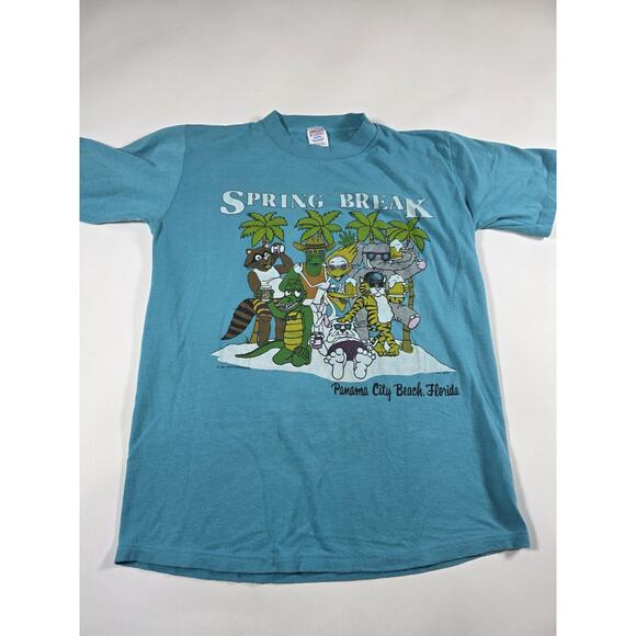Vintage 80s Panama City Spring Break Graphic Blue Shirt Medium Single Stitch - Picture 1 of 4